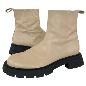 Zara Lug Sole Ankle Boots Cream Genuine Leather Chunky Size Zip | EU 39 US 8